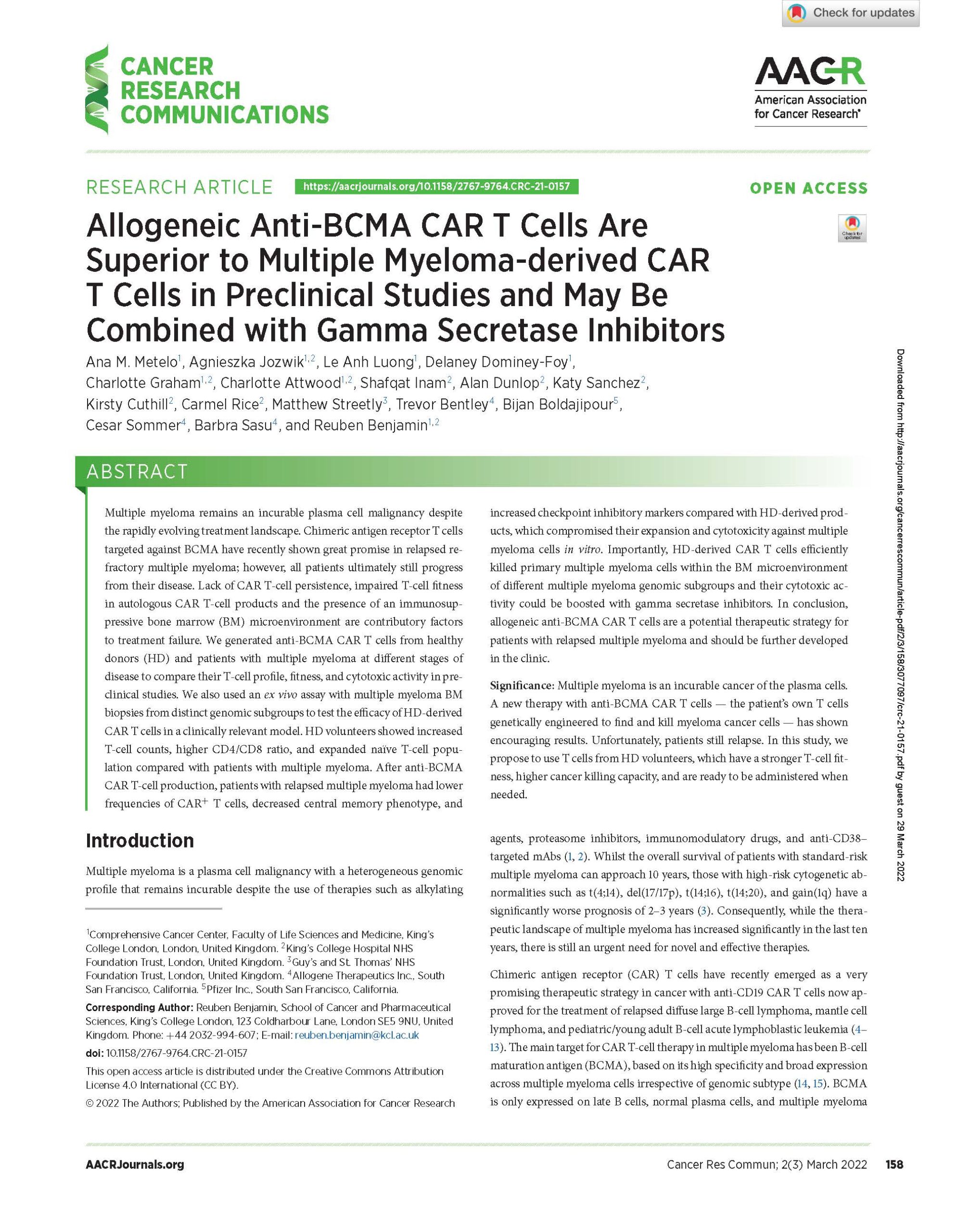 Read more about the article Allogeneic Anti-BCMA CAR T Cells Are Superior to Multiple Myeloma-derived CAR T Cells in Preclinical Studies and May Be Combined with Gamma Secretase Inhibitors