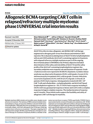 Read more about the article Allogeneic BCMA-Targeting CAR T Cells in Relapsed/Refractory Multiple Myeloma: Phase 1 UNIVERSAL Trial Interim Results