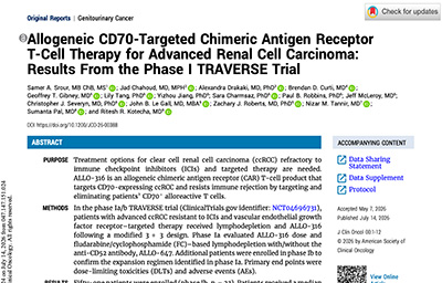 Read more about the article Allogeneic CD70-Targeted Chimeric Antigen Receptor T-Cell Therapy for Advanced Renal Cell Carcinoma: Results From the Phase I TRAVERSE Trial